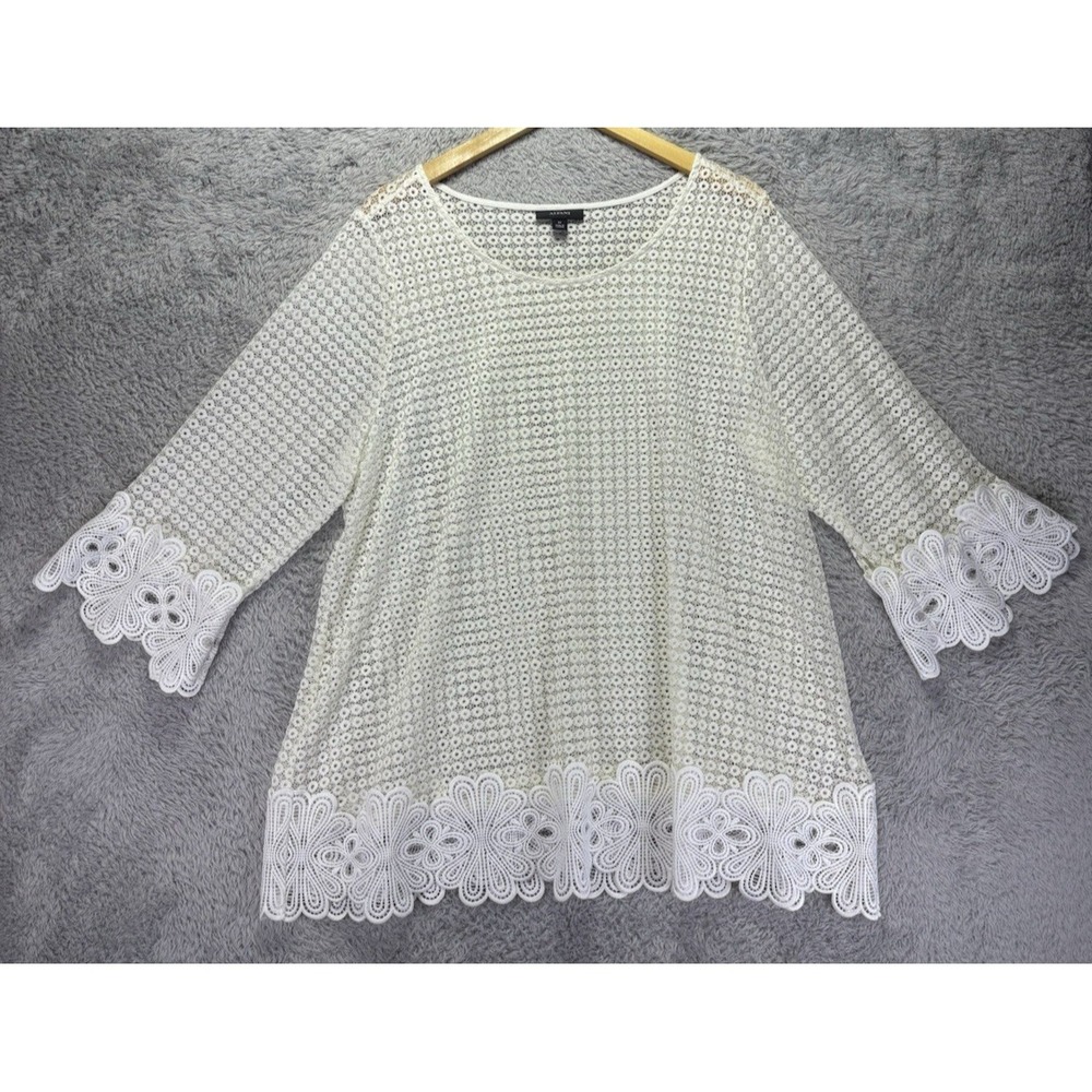 Alfani Womens 2X Ivory Open Knit Top Sheer Lace Trim Boho Resort Lightweight - Picture 4 of 12